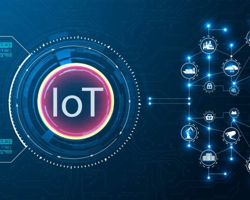 The concept of IOT technology on a blue background. The concept of connecting devices.